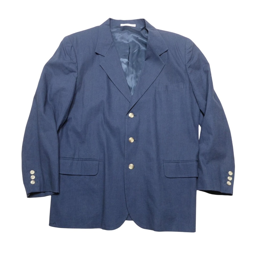 Perry Ellis Blazer Mens L Blue Linen Cotton Sport Coat Jacket Made Hong Kong